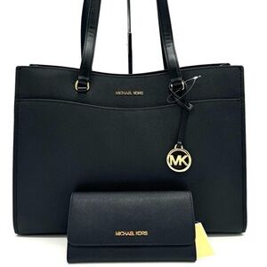 Michael Kors Large MF Pocket Shoulder Tote Bag & Trifold Wallet Black/Gold